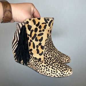 Falchi by Falchi Mixed Animal Print Calf Hair Wedge Ankle Boots Fringe Size 8